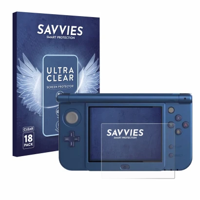 Vorderseite einer Produktverpackung mit dem Markenlogo Savvies. Daneben ist das Gerät Nintendo New 3DS XL (Unteres Display) mi