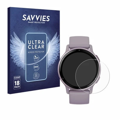 Vorderseite einer Produktverpackung mit dem Markenlogo Savvies. Daneben ist das Gerät Garmin vivoactive 5 mit dem zugehörigen 