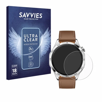 Vorderseite einer Produktverpackung mit dem Markenlogo Savvies. Daneben ist das Gerät Huawei Watch GT 4 (46mm) mit dem zugehör