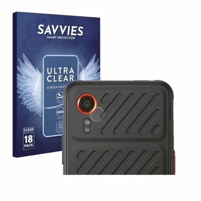 Vorderseite einer Produktverpackung mit dem Markenlogo Savvies. Daneben ist das Gerät Samsung Galaxy XCover 7 (NUR Kameraschut