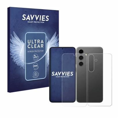 Vorderseite einer Produktverpackung mit dem Markenlogo Savvies. Daneben ist das Gerät Samsung Galaxy S24 Plus (Display+Rücksei
