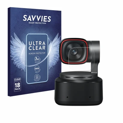 Vorderseite einer Produktverpackung mit dem Markenlogo Savvies. Daneben ist das Gerät OBSBOT Tiny 2 mit dem zugehörigen Displa