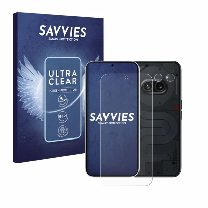 Vorderseite einer Produktverpackung mit dem Markenlogo Savvies. Daneben ist das Gerät Nothing Phone (2a) (Display+Kamera) mit 