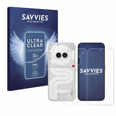 Vorderseite einer Produktverpackung mit dem Markenlogo Savvies. Daneben ist das Gerät Nothing Phone (2a) (Display+Rückseite) m