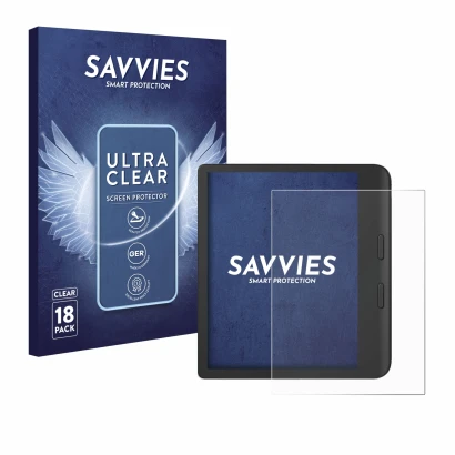 Vorderseite einer Produktverpackung mit dem Markenlogo Savvies. Daneben ist das Gerät Tolino Vision Color 2024 mit dem zugehör