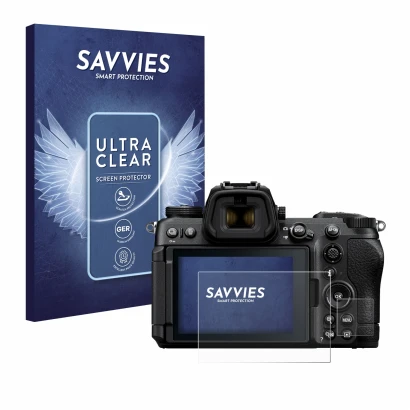Vorderseite einer Produktverpackung mit dem Markenlogo Savvies. Daneben ist das Gerät Nikon Z6 III mit dem zugehörigen Display