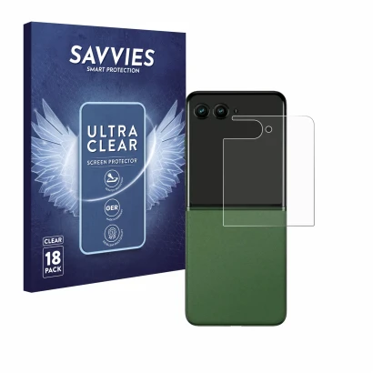 Vorderseite einer Produktverpackung mit dem Markenlogo Savvies. Daneben ist das Gerät Motorola Razr 50 Ultra (Hinteres Display