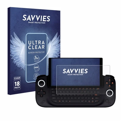 Vorderseite einer Produktverpackung mit dem Markenlogo Savvies. Daneben ist das Gerät Ayaneo Slide mit dem zugehörigen Display