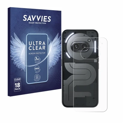 Vorderseite einer Produktverpackung mit dem Markenlogo Savvies. Daneben ist das Gerät Nothing Phone (2a) Plus (Rückseite) mit 