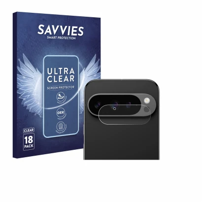 Vorderseite einer Produktverpackung mit dem Markenlogo Savvies. Daneben ist das Gerät Google Pixel 9 Pro (NUR Kameraschutz) mi