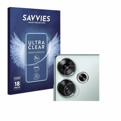 Vorderseite einer Produktverpackung mit dem Markenlogo Savvies. Daneben ist das Gerät Xiaomi Poco F6 (nur Kameraschutz) mit de