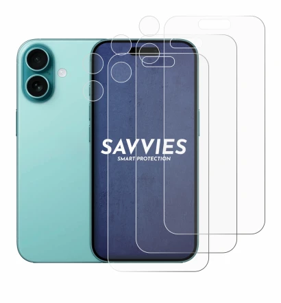 Abbildung des Geräts Apple iPhone 16 (Display+Kamera) mit einer Vielzahl des Displayschutzes.