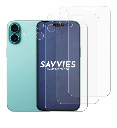 Abbildung des Geräts Apple iPhone 16 Plus (Display+Kamera) mit einer Vielzahl des Displayschutzes.