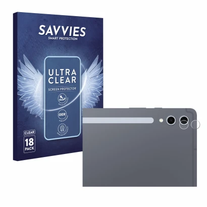 Vorderseite einer Produktverpackung mit dem Markenlogo Savvies. Daneben ist das Gerät Samsung Galaxy Tab S10 Ultra WiFi (NUR K