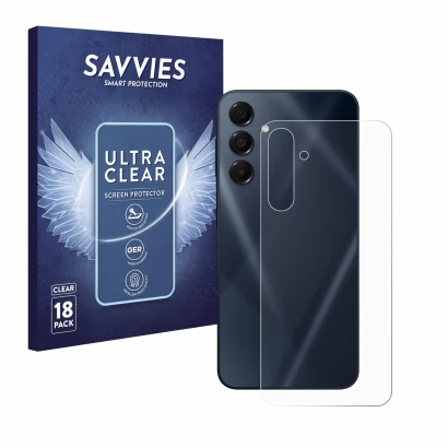 Vorderseite einer Produktverpackung mit dem Markenlogo Savvies. Daneben ist das Gerät Samsung Galaxy A16 5G (Rückseite) mit de