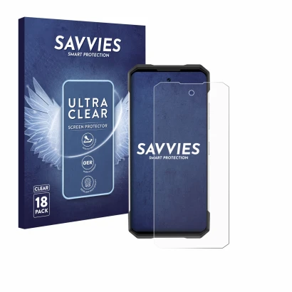 Vorderseite einer Produktverpackung mit dem Markenlogo Savvies. Daneben ist das Gerät Doogee S200 mit dem zugehörigen Displays