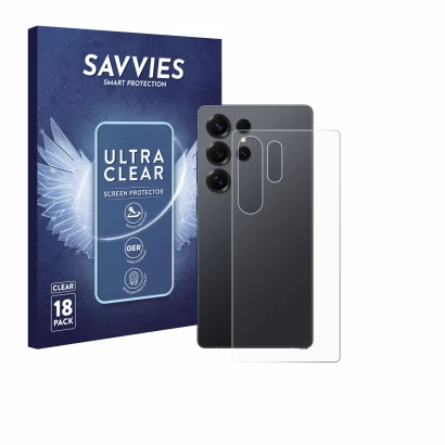 Vorderseite einer Produktverpackung mit dem Markenlogo Savvies. Daneben ist das Gerät Samsung Galaxy S25 Ultra (Rückseite) mit