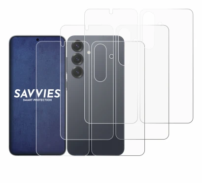 Abbildung des Geräts Samsung Galaxy S25 (Display+Rückseite) mit einer Vielzahl des Displayschutzes.