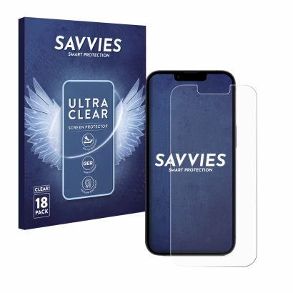 Vorderseite einer Produktverpackung mit dem Markenlogo Savvies. Daneben ist das Gerät Apple iPhone 16e mit dem zugehörigen Dis