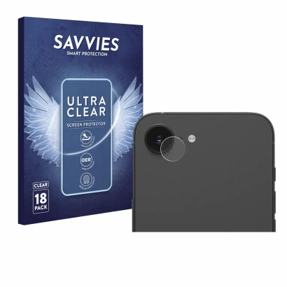 Vorderseite einer Produktverpackung mit dem Markenlogo Savvies. Daneben ist das Gerät Apple iPhone 16e (NUR Kameraschutz) mit 