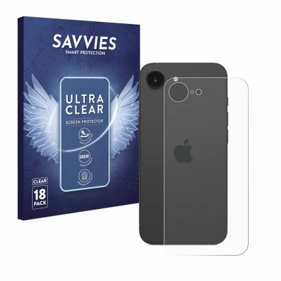 Vorderseite einer Produktverpackung mit dem Markenlogo Savvies. Daneben ist das Gerät Apple iPhone 16e (Rückseite) mit dem zug