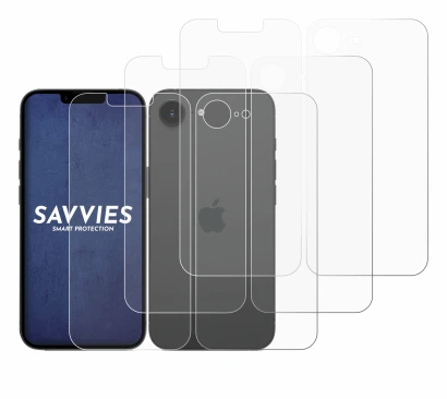 Abbildung des Geräts Apple iPhone 16e (Display+Rückseite) mit einer Vielzahl des Displayschutzes.