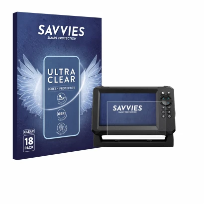 Vorderseite einer Produktverpackung mit dem Markenlogo Savvies. Daneben ist das Gerät Lowrance Eagle 7 mit dem zugehörigen Dis