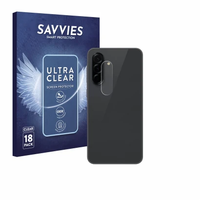 Vorderseite einer Produktverpackung mit dem Markenlogo Savvies. Daneben ist das Gerät Samsung Galaxy A36 5G (NUR Kameraschutz)