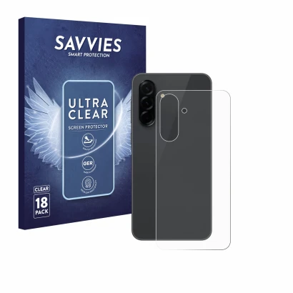 Vorderseite einer Produktverpackung mit dem Markenlogo Savvies. Daneben ist das Gerät Samsung Galaxy A36 5G (Rückseite) mit de