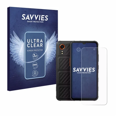 Vorderseite einer Produktverpackung mit dem Markenlogo Savvies. Daneben ist das Gerät Samsung Galaxy XCover 7 Enterprise Editi
