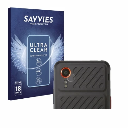 Vorderseite einer Produktverpackung mit dem Markenlogo Savvies. Daneben ist das Gerät Samsung Galaxy XCover 7 Enterprise Editi