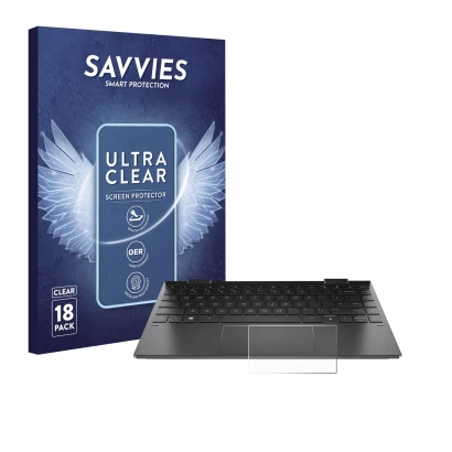 Vorderseite einer Produktverpackung mit dem Markenlogo Savvies. Daneben ist das Gerät HP Envy x360 (13-X) (NUR Touch Trackpad)