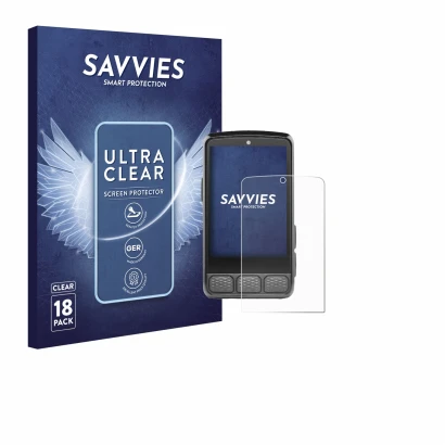 Vorderseite einer Produktverpackung mit dem Markenlogo Savvies. Daneben ist das Gerät Wahoo Elemnt Roam V3 mit dem zugehörigen