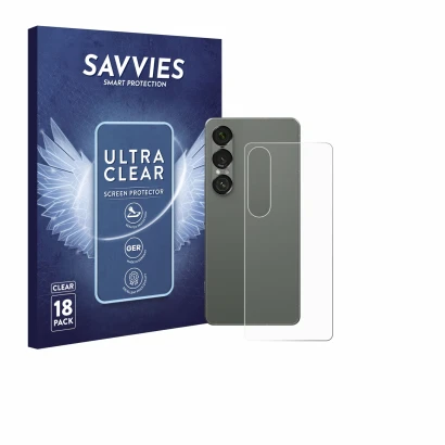 Vorderseite einer Produktverpackung mit dem Markenlogo Savvies. Daneben ist das Gerät Sony Xperia 1 VII (Rückseite) mit dem zu