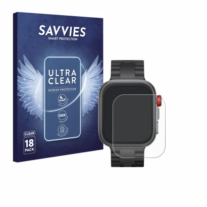 Vorderseite einer Produktverpackung mit dem Markenlogo Savvies. Daneben ist das Gerät Huawei Watch Fit 4 Pro mit dem zugehörig