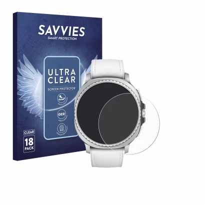 Vorderseite einer Produktverpackung mit dem Markenlogo Savvies. Daneben ist das Gerät Samsung Galaxy Watch 8 Classic (46 mm) m