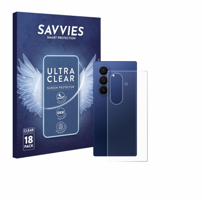 Vorderseite einer Produktverpackung mit dem Markenlogo Savvies. Daneben ist das Gerät Samsung Galaxy Z Fold 7 (Rückseite) mit 