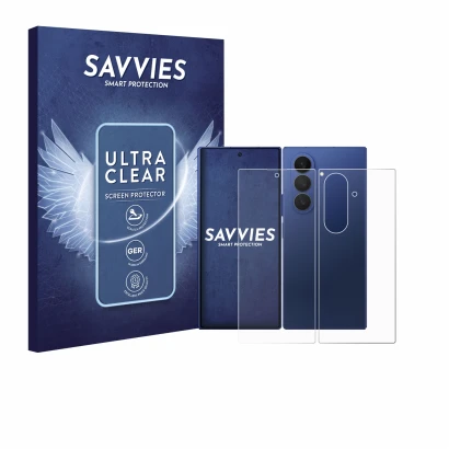 Vorderseite einer Produktverpackung mit dem Markenlogo Savvies. Daneben ist das Gerät Samsung Galaxy Z Fold 7 (Display+Rücksei