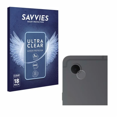 Vorderseite einer Produktverpackung mit dem Markenlogo Savvies. Daneben ist das Gerät Samsung Galaxy Tab S10 Lite (NUR Kameras