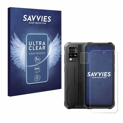 Vorderseite einer Produktverpackung mit dem Markenlogo Savvies. Daneben ist das Gerät Blackview BV4800 (Display+Kamera) mit de