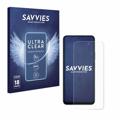 Vorderseite einer Produktverpackung mit dem Markenlogo Savvies. Daneben ist das Gerät Honor X7d 4G mit dem zugehörigen Display