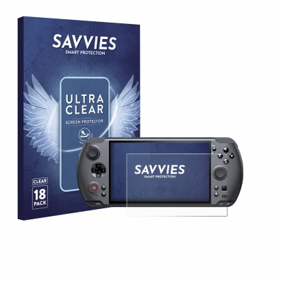 Vorderseite einer Produktverpackung mit dem Markenlogo Savvies. Daneben ist das Gerät GPD Win 5 mit dem zugehörigen Displaysch