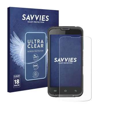 Vorderseite einer Produktverpackung mit dem Markenlogo Savvies. Daneben ist das Gerät Unitech EA602 mit dem zugehörigen Displa