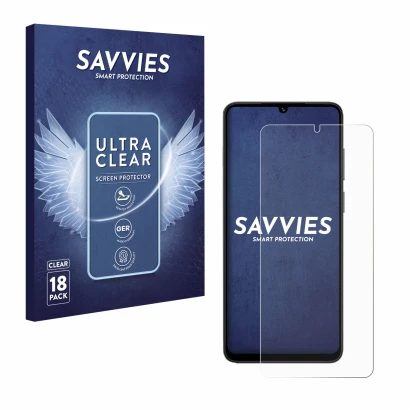 Vorderseite einer Produktverpackung mit dem Markenlogo Savvies. Daneben ist das Gerät Honor X5c Plus mit dem zugehörigen Displ