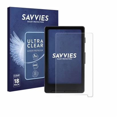 Vorderseite einer Produktverpackung mit dem Markenlogo Savvies. Daneben ist das Gerät Xteink X4 mit dem zugehörigen Displaysch