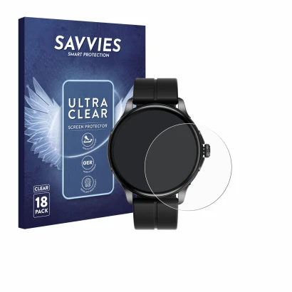 Vorderseite einer Produktverpackung mit dem Markenlogo Savvies. Daneben ist das Gerät HMD Watch X1 mit dem zugehörigen Display