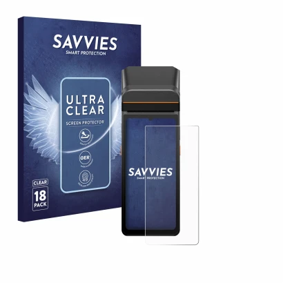Vorderseite einer Produktverpackung mit dem Markenlogo Savvies. Daneben ist das Gerät Sunmi V3 A13 mit dem zugehörigen Display