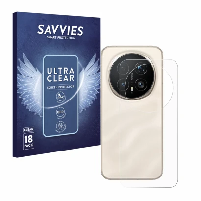 Vorderseite einer Produktverpackung mit dem Markenlogo Savvies. Daneben ist das Gerät Honor Magic 8 Pro (Rückseite) mit dem zu