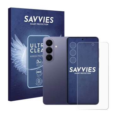 Vorderseite einer Produktverpackung mit dem Markenlogo Savvies. Daneben ist das Gerät Samsung Galaxy S26 (Display+Kamera) mit 
