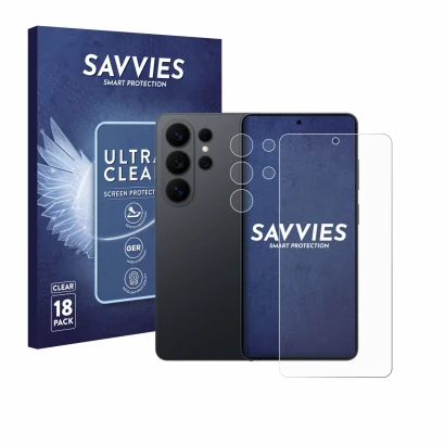 Vorderseite einer Produktverpackung mit dem Markenlogo Savvies. Daneben ist das Gerät Samsung Galaxy S26 Ultra (Display+Kamera